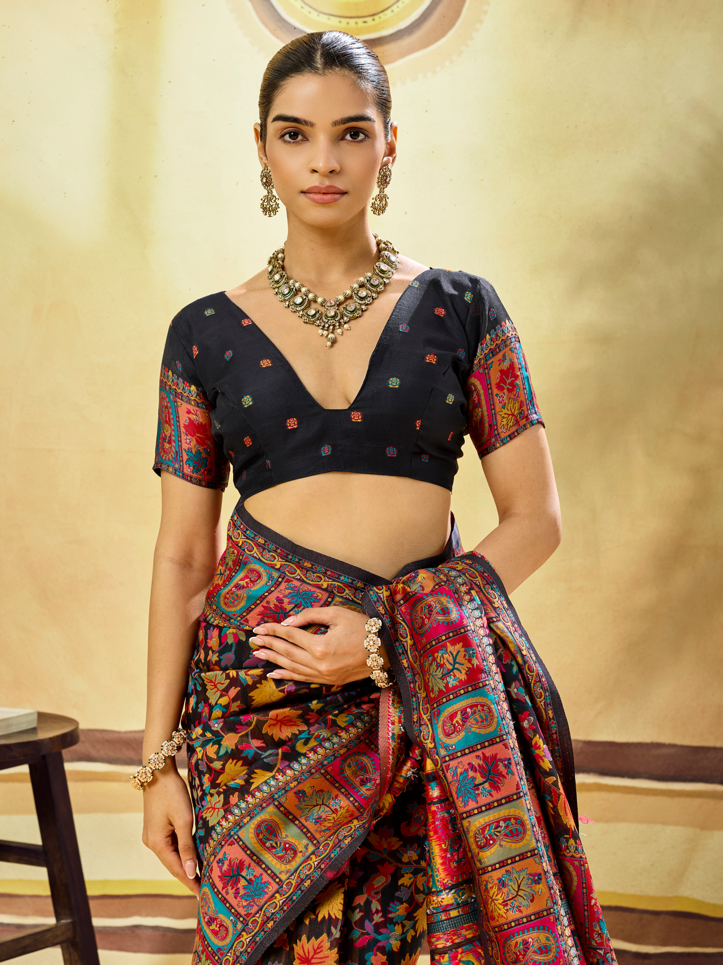 Night Black Woven Kashmiri Cotton Saree