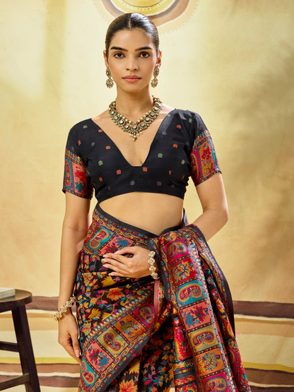 Night Black Woven Kashmiri Cotton Saree