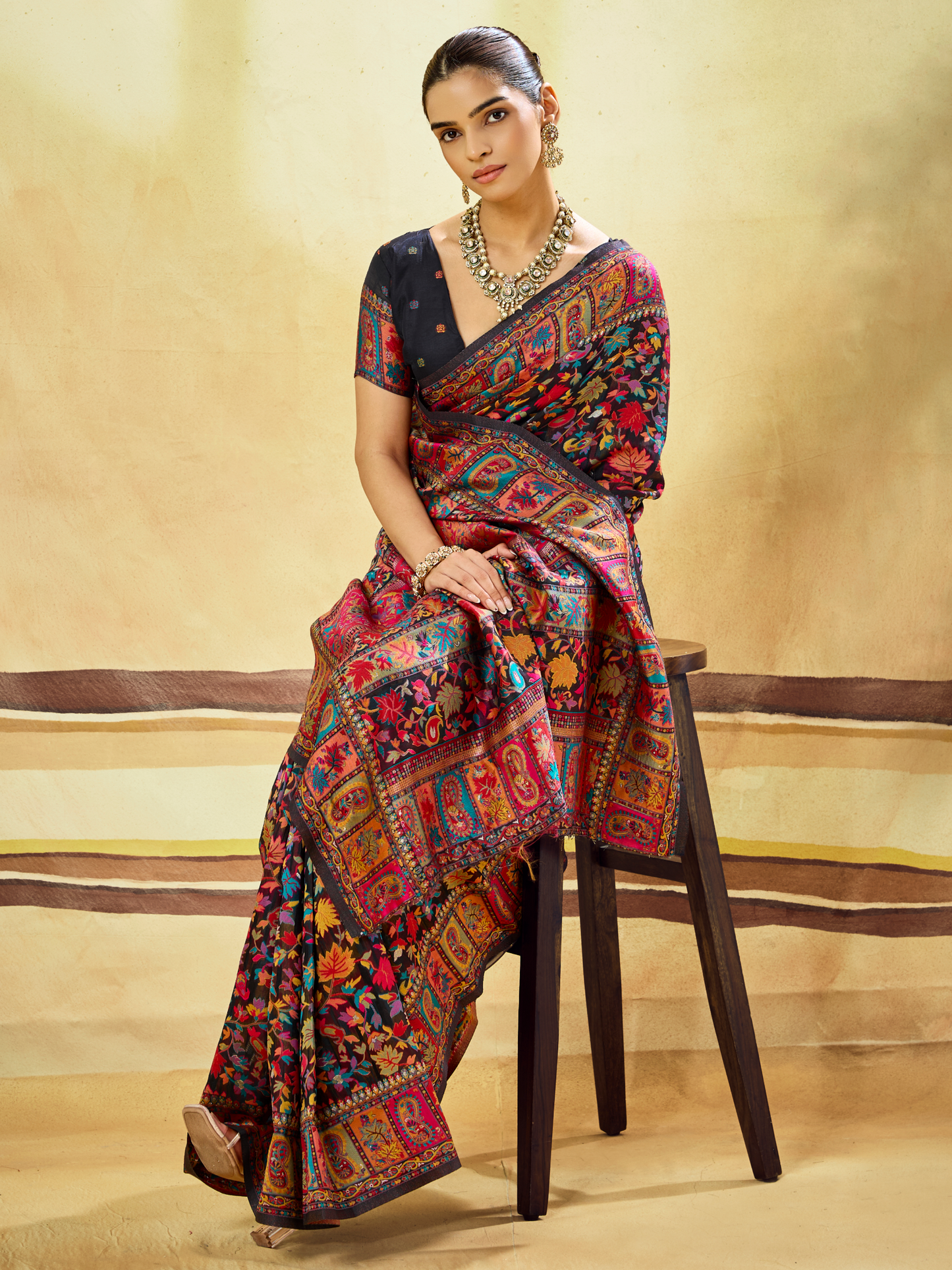 Night Black Woven Kashmiri Cotton Saree