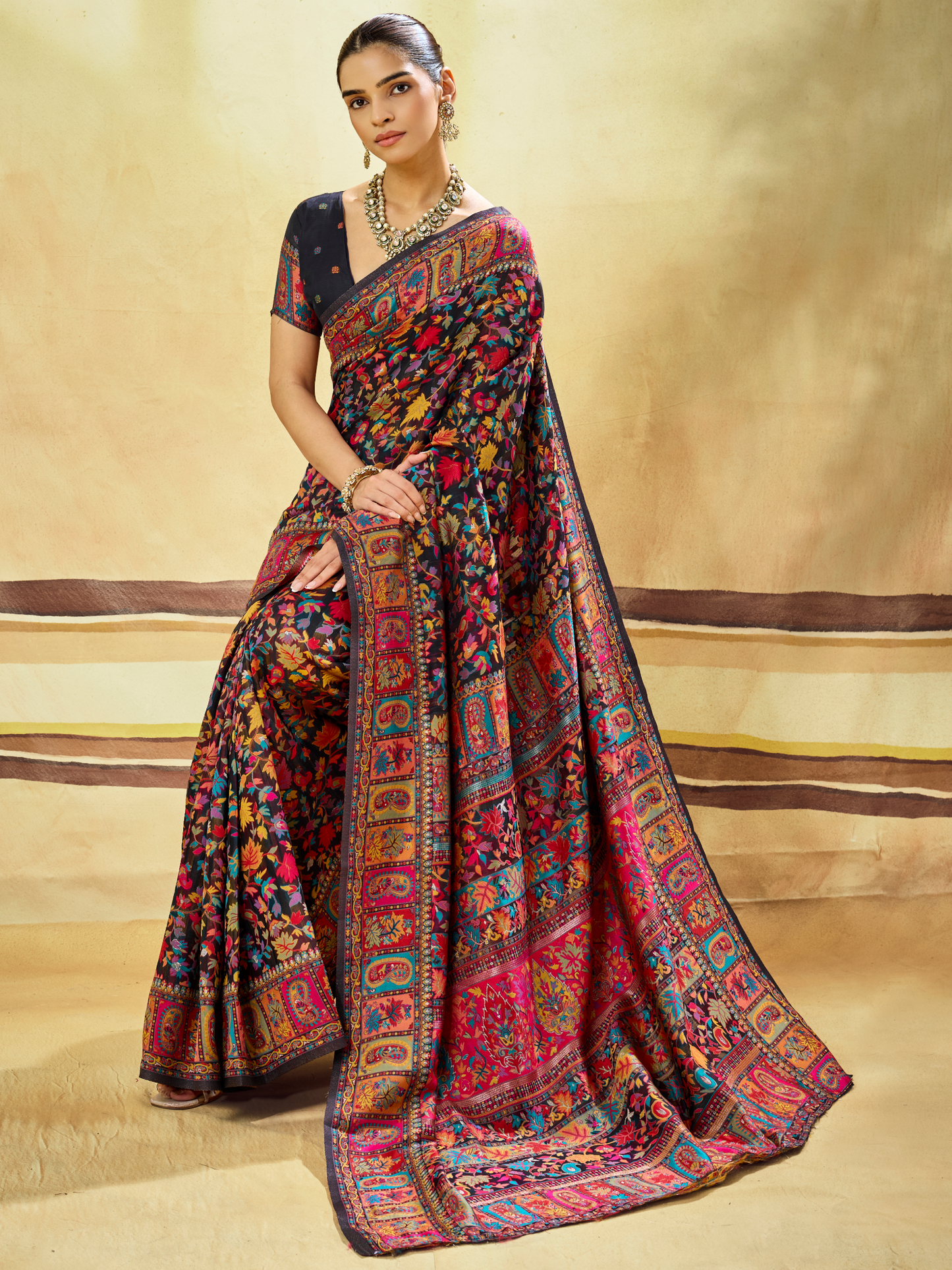 Night Black Woven Kashmiri Cotton Saree