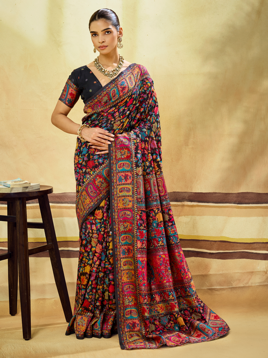 Night Black Woven Kashmiri Cotton Saree