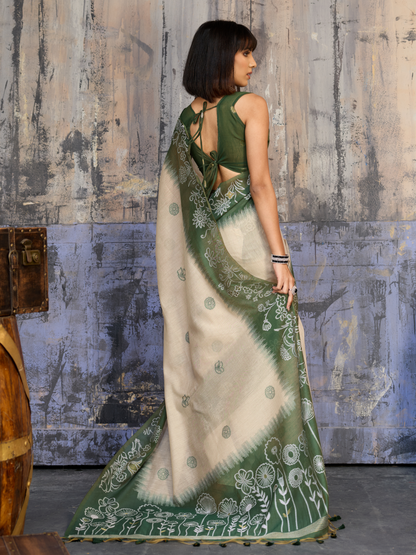 Unique Green Printed Cotton Silk Saree