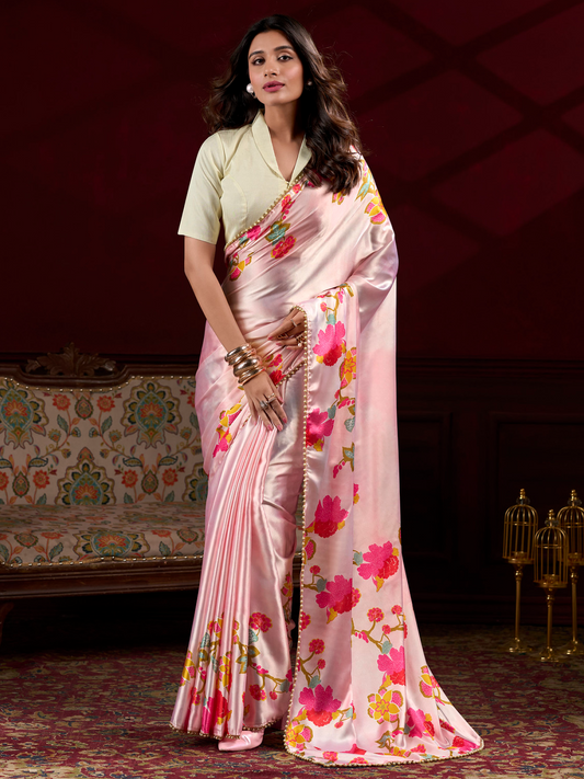 Candy Pink Printed Satin Silk Saree