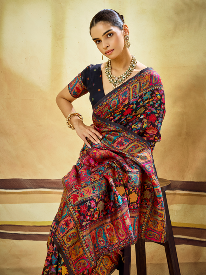 Night Black Woven Kashmiri Cotton Saree