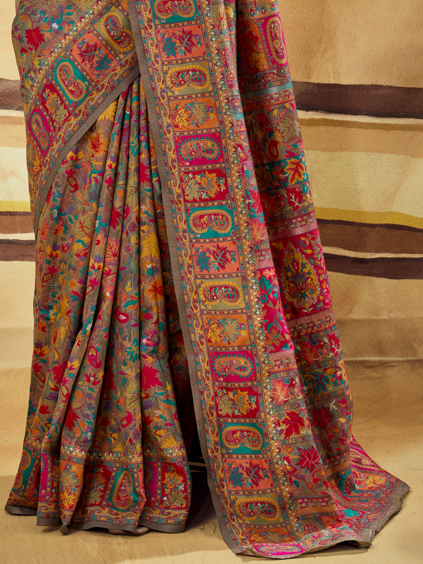 Ash Gray Woven Kashmiri Cotton Saree