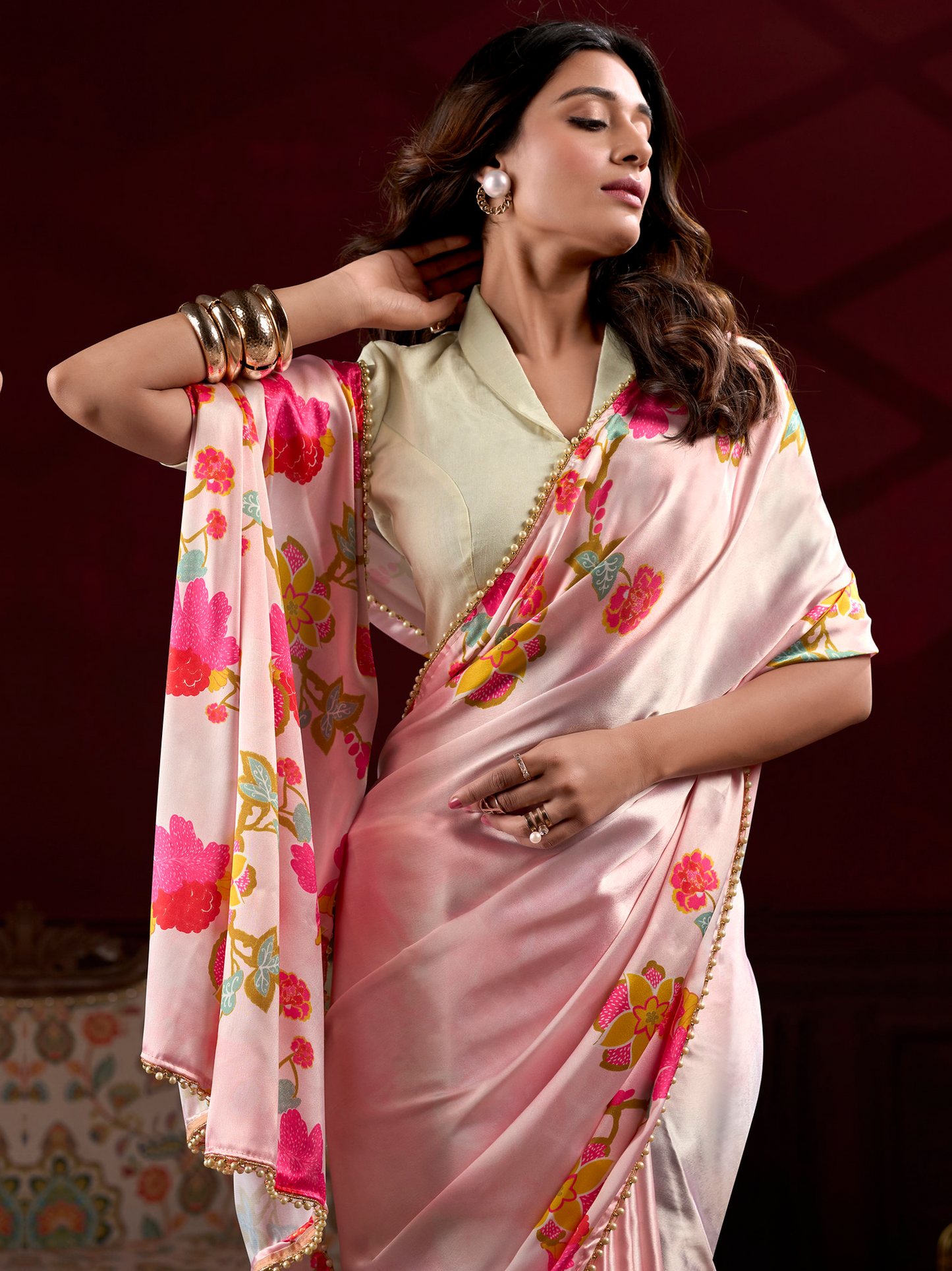 Candy Pink Printed Satin Silk Saree