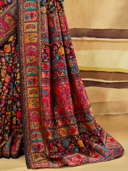 Night Black Woven Kashmiri Cotton Saree