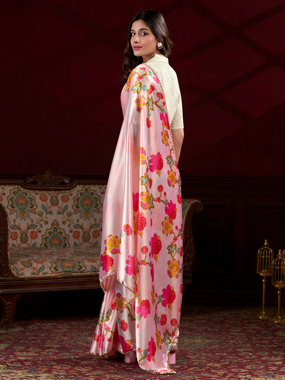 Candy Pink Printed Satin Silk Saree
