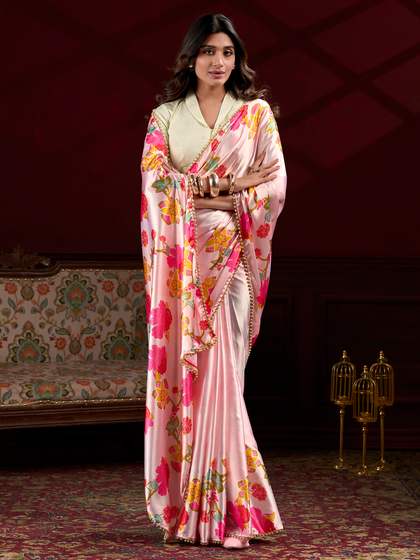 Candy Pink Printed Satin Silk Saree
