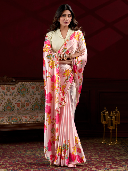 Candy Pink Printed Satin Silk Saree