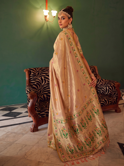 Rosy Beige Weaving Tissue Silk Paithani Saree