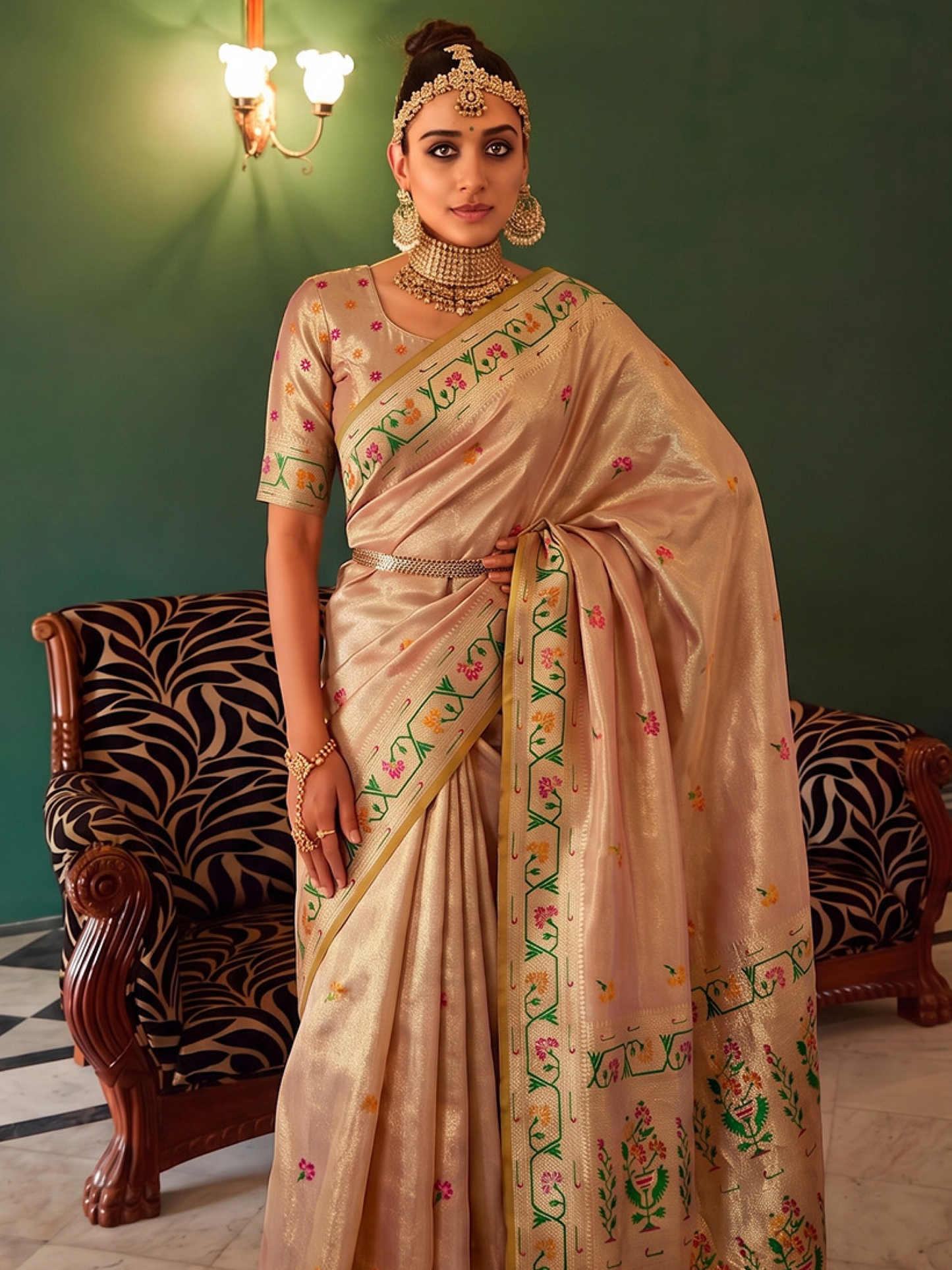 Rosy Beige Weaving Tissue Silk Paithani Saree