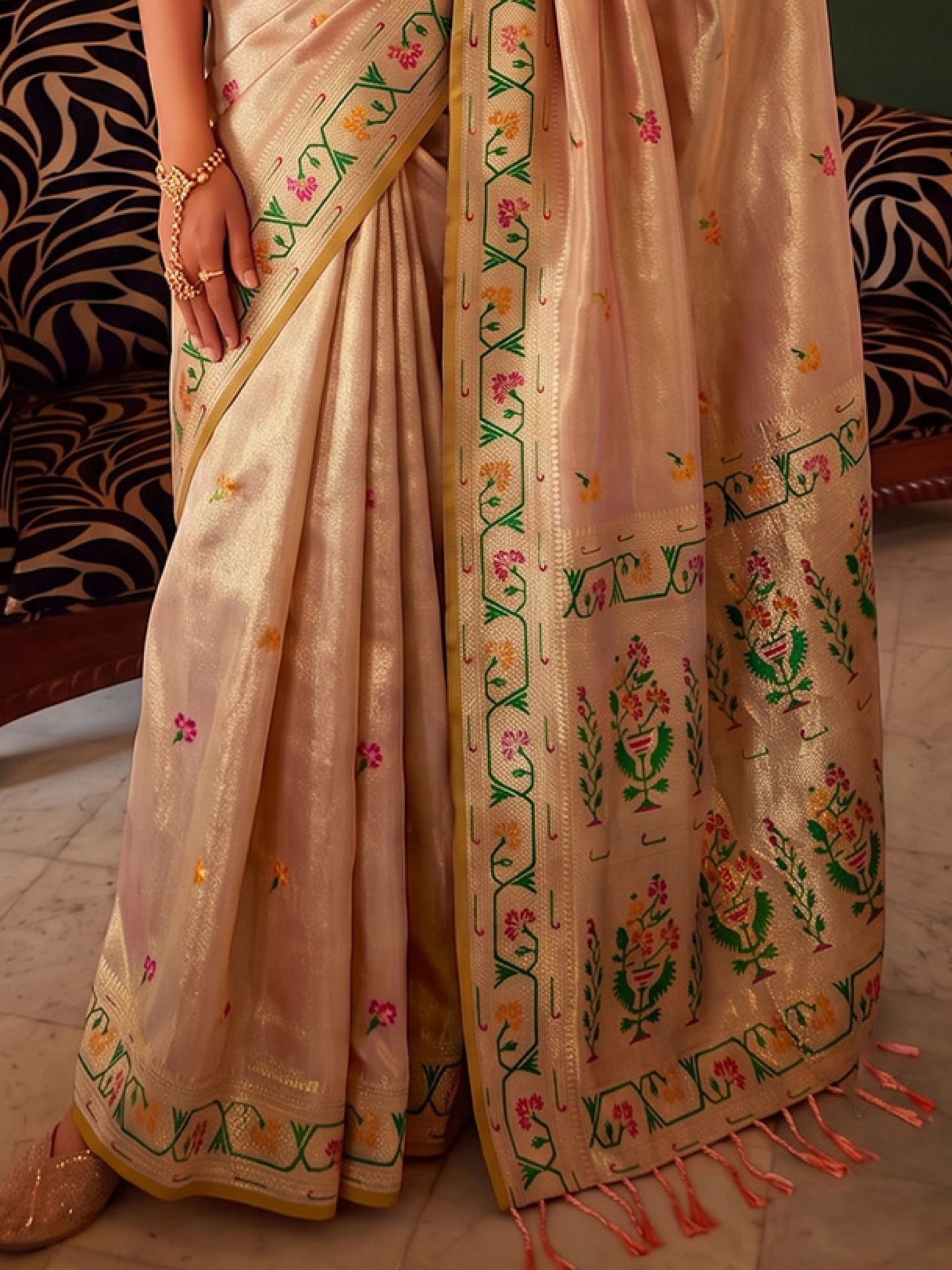 Rosy Beige Weaving Tissue Silk Paithani Saree