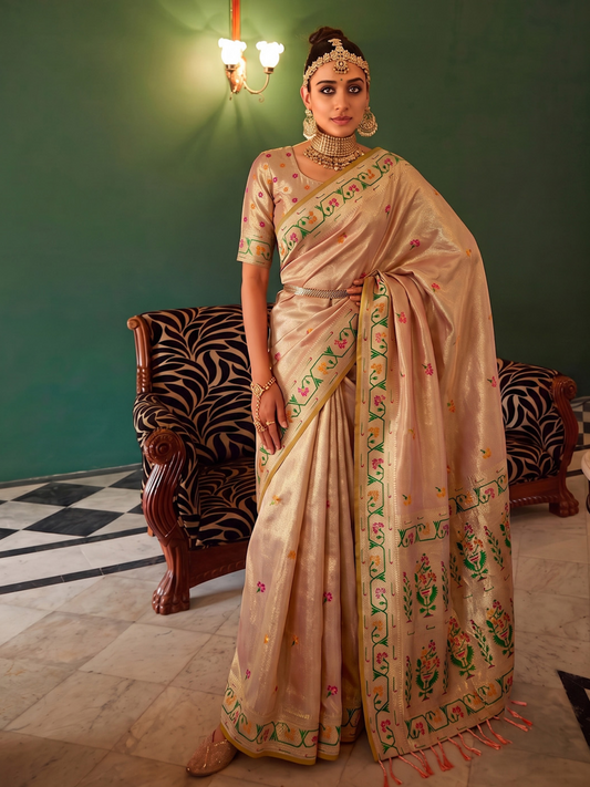 Rosy Beige Weaving Tissue Silk Paithani Saree