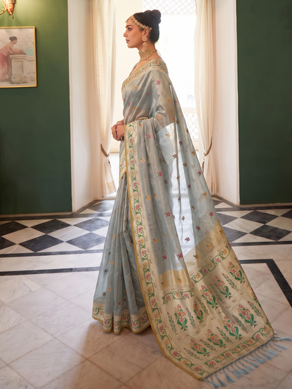 Bluish Gray Weaving Tissue Silk Paithani Saree