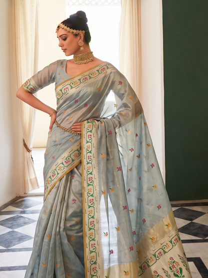 Bluish Gray Weaving Tissue Silk Paithani Saree