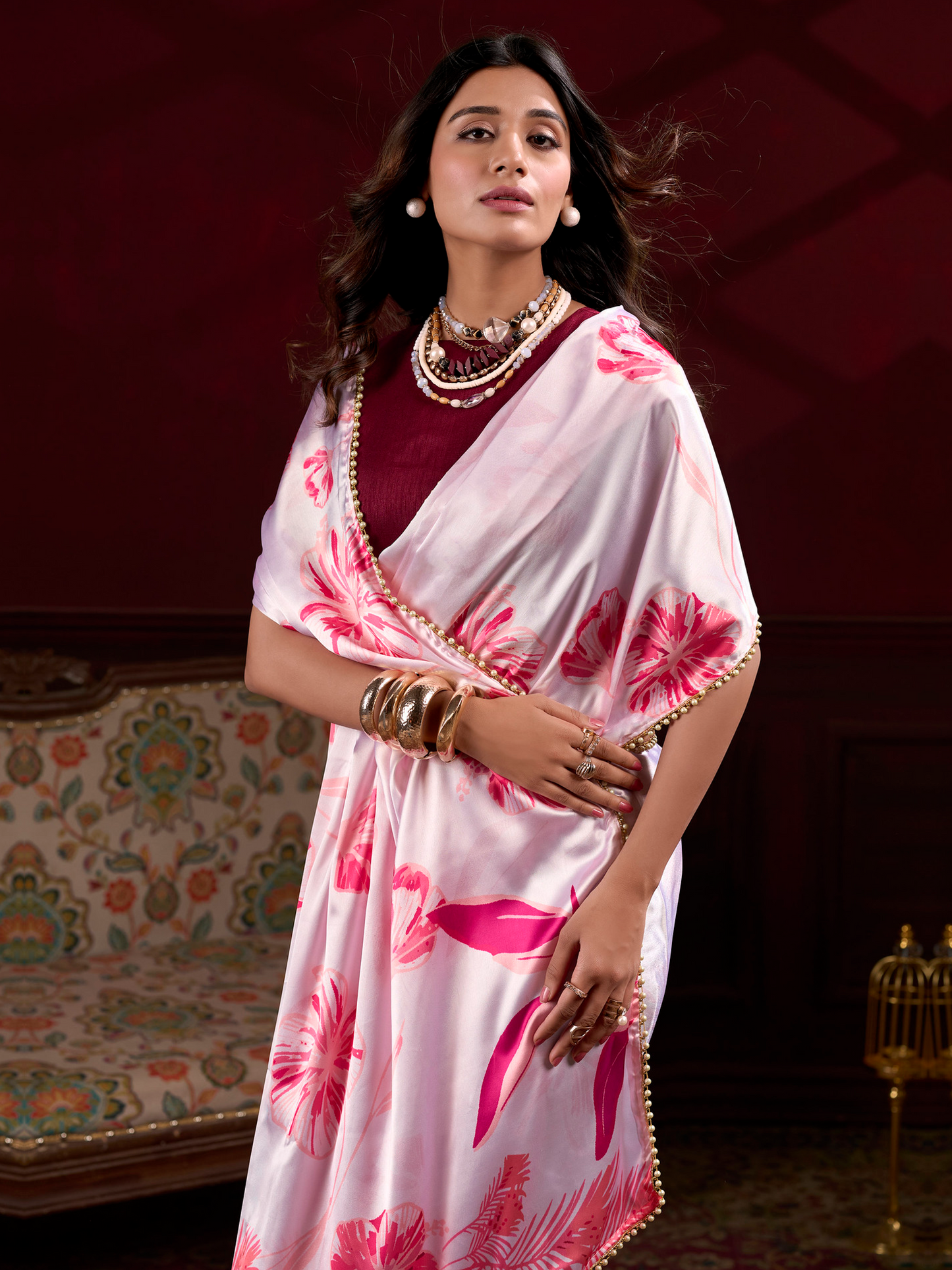 Powder Pink Printed Satin Silk Saree