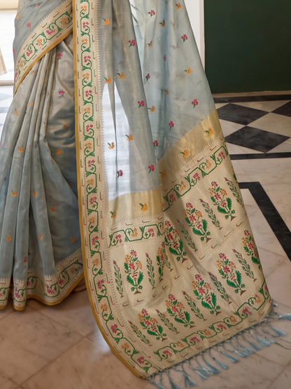 Bluish Gray Weaving Tissue Silk Paithani Saree