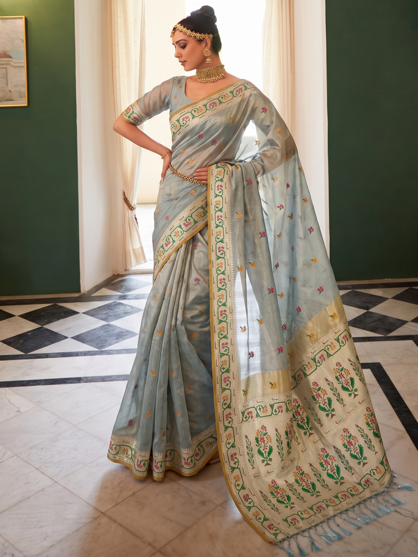 Bluish Gray Weaving Tissue Silk Paithani Saree