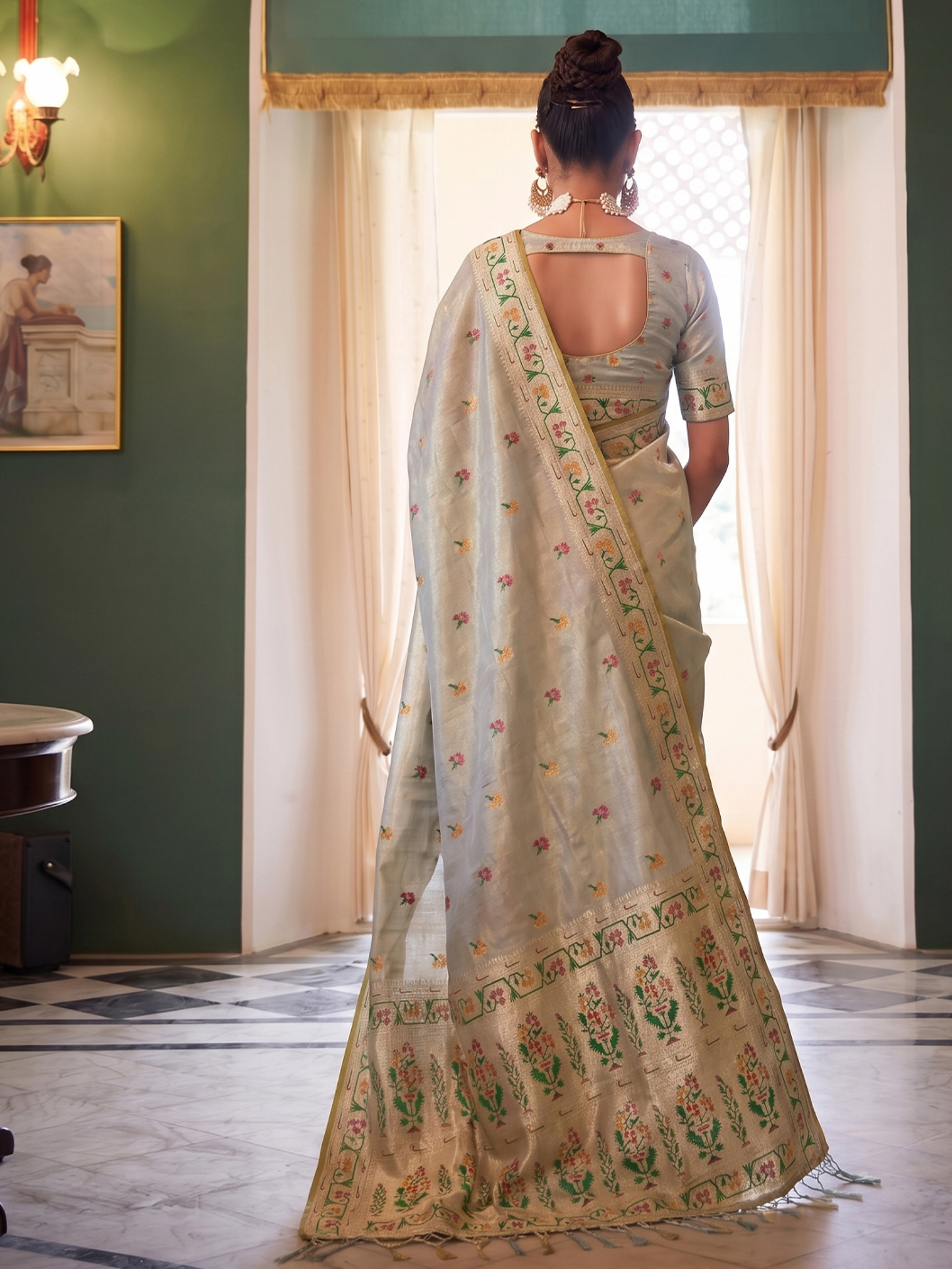 Bluish Gray Weaving Tissue Silk Paithani Saree