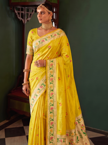 Daffodil Yellow Weaving Tissue Silk Paithani Saree