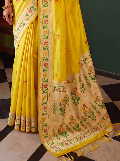 Daffodil Yellow Weaving Tissue Silk Paithani Saree