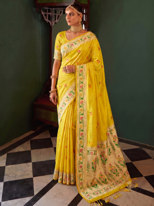 Daffodil Yellow Weaving Tissue Silk Paithani Saree