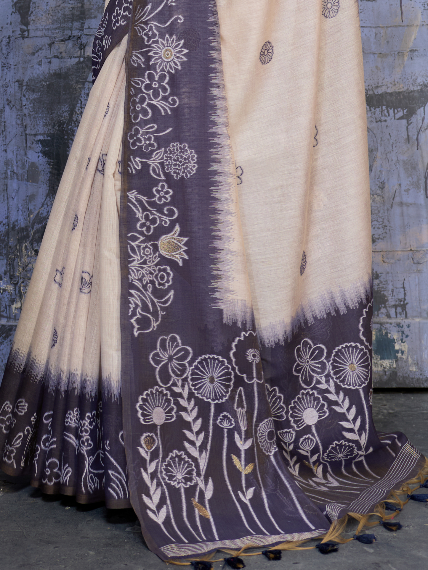 Steel Blue Printed Cotton Silk Saree