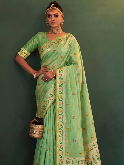 Soft Pistachio Green Weaving Tissue Silk Paithani Saree