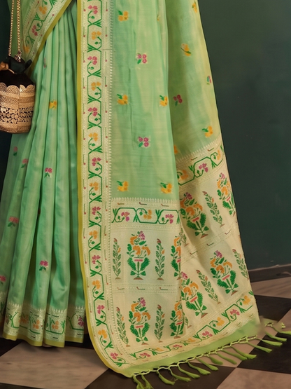 Soft Pistachio Green Weaving Tissue Silk Paithani Saree