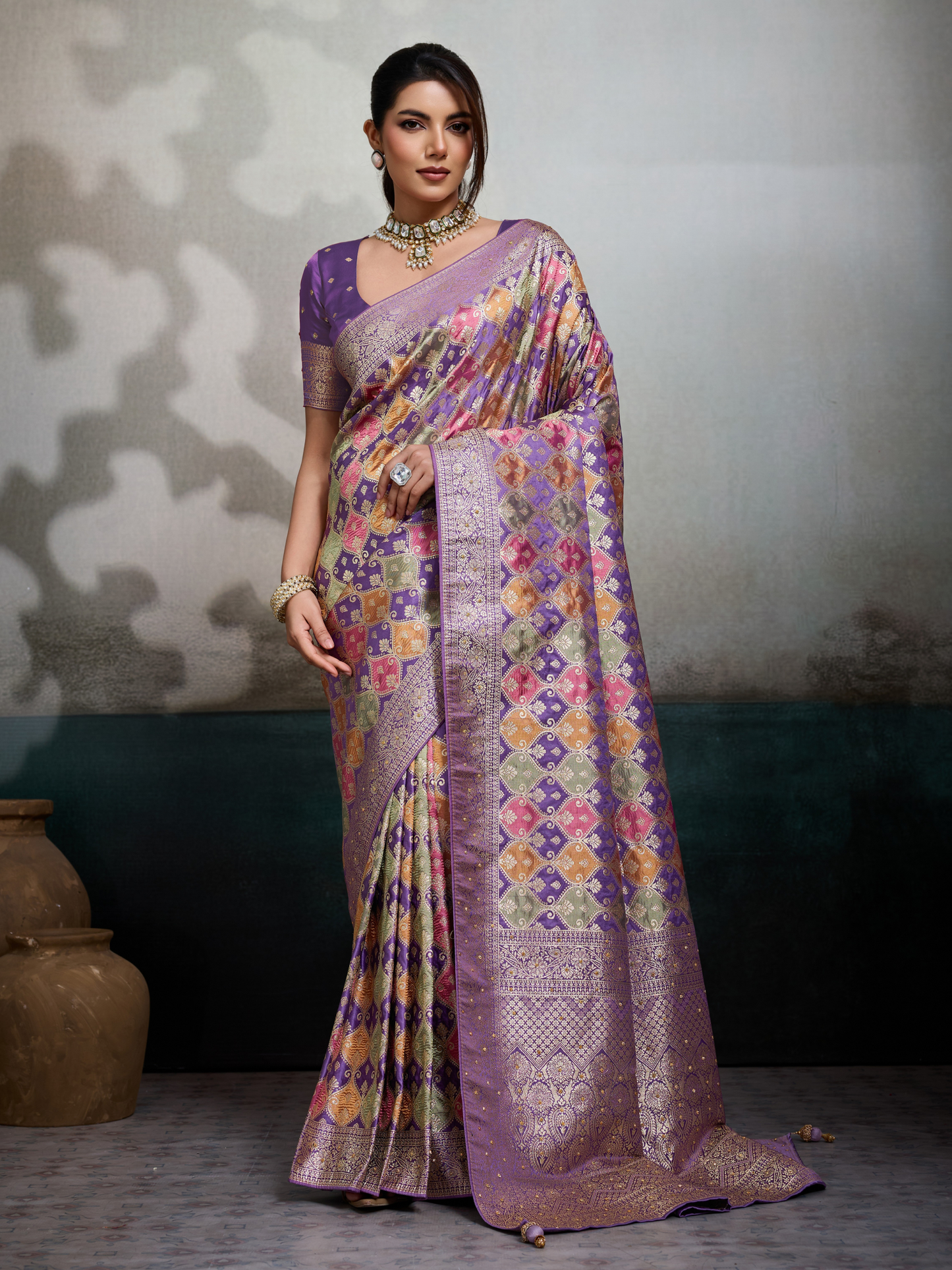 Luxury Purple Jacquard Weaving Satin Silk Saree