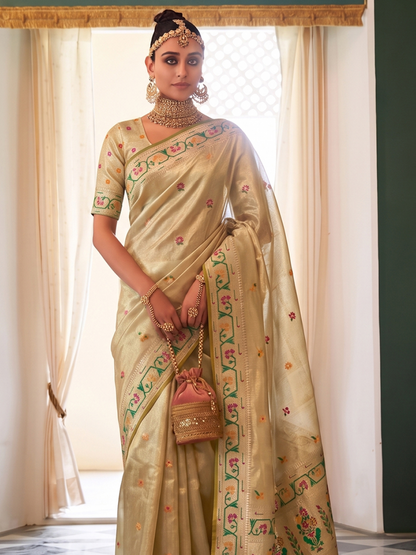 Parchment Beige Weaving Tissue Silk Paithani Saree