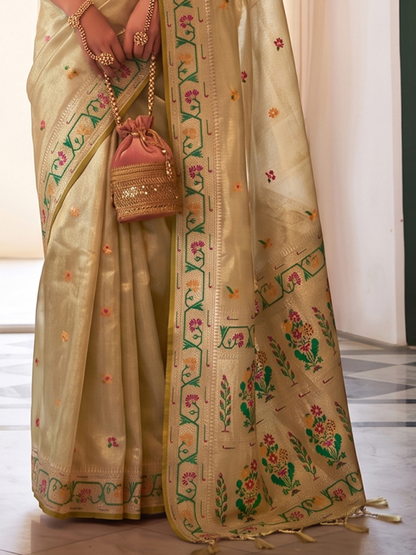 Parchment Beige Weaving Tissue Silk Paithani Saree