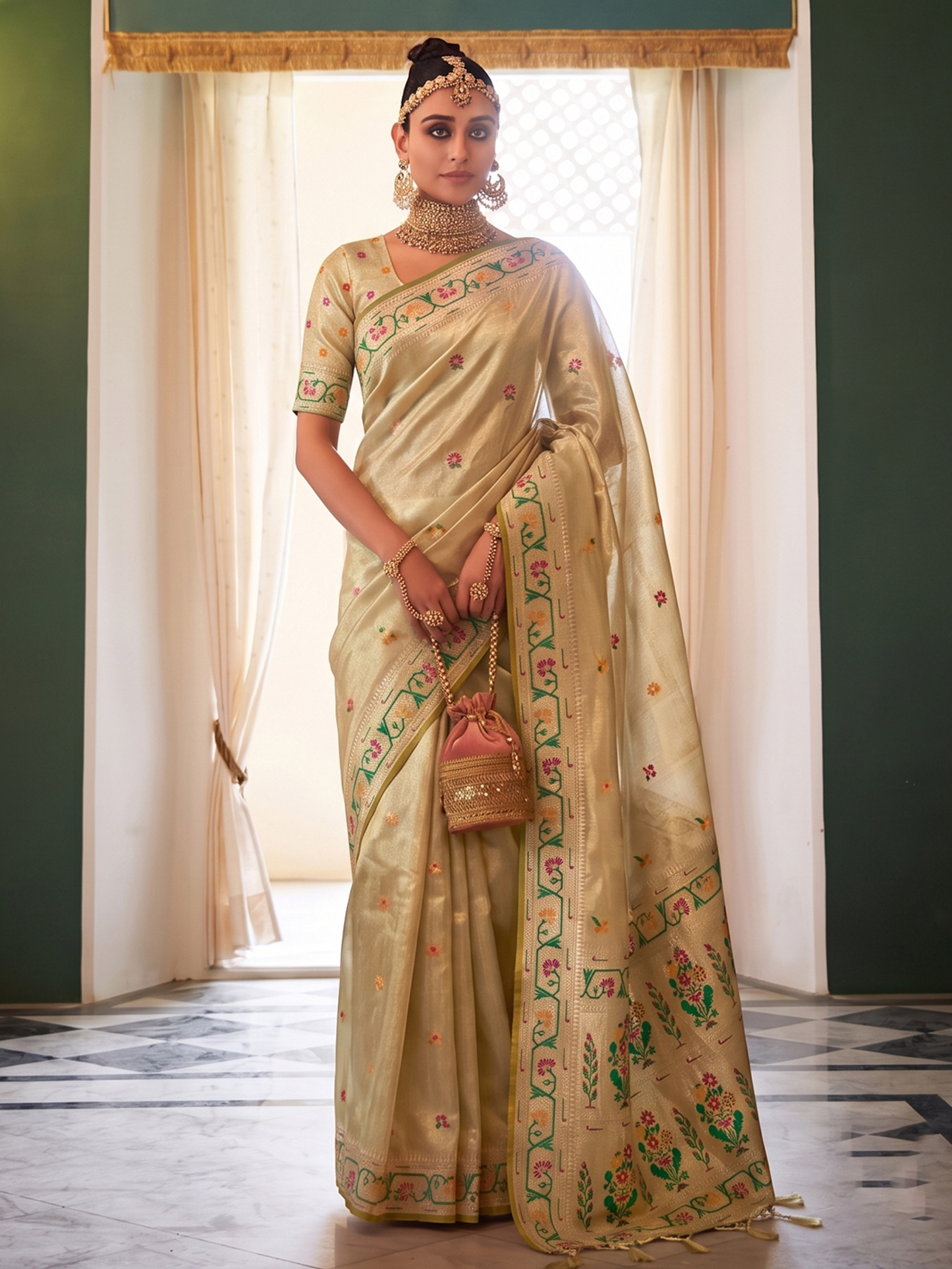 Parchment Beige Weaving Tissue Silk Paithani Saree