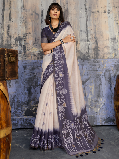 Steel Blue Printed Cotton Silk Saree