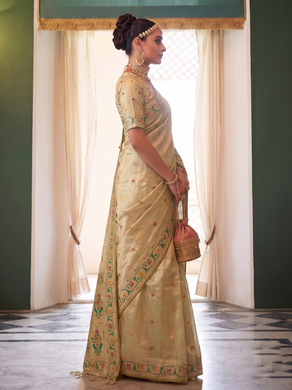 Parchment Beige Weaving Tissue Silk Paithani Saree