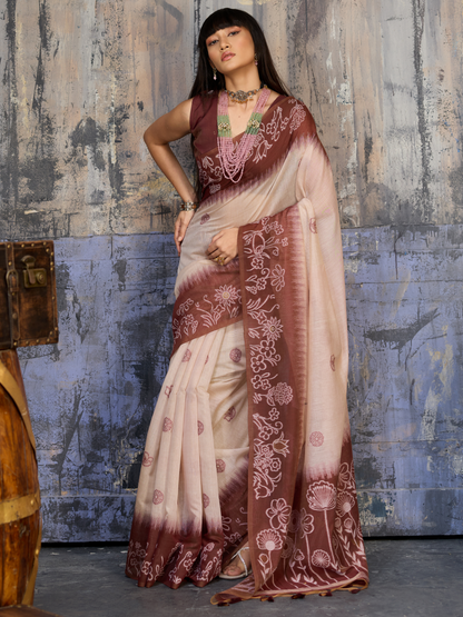 Brick Brown Printed Cotton Silk Saree