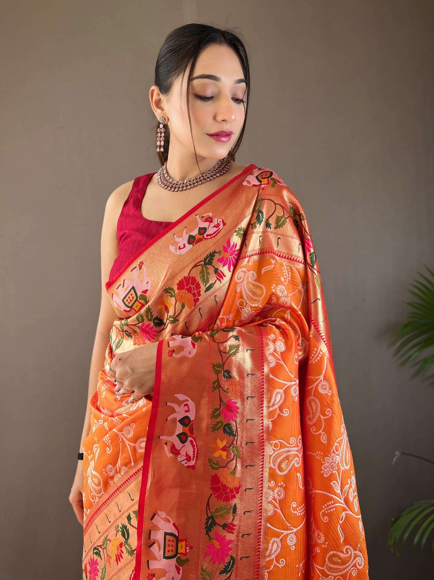Fire Orange Woven Patola Paithani Silk Saree
