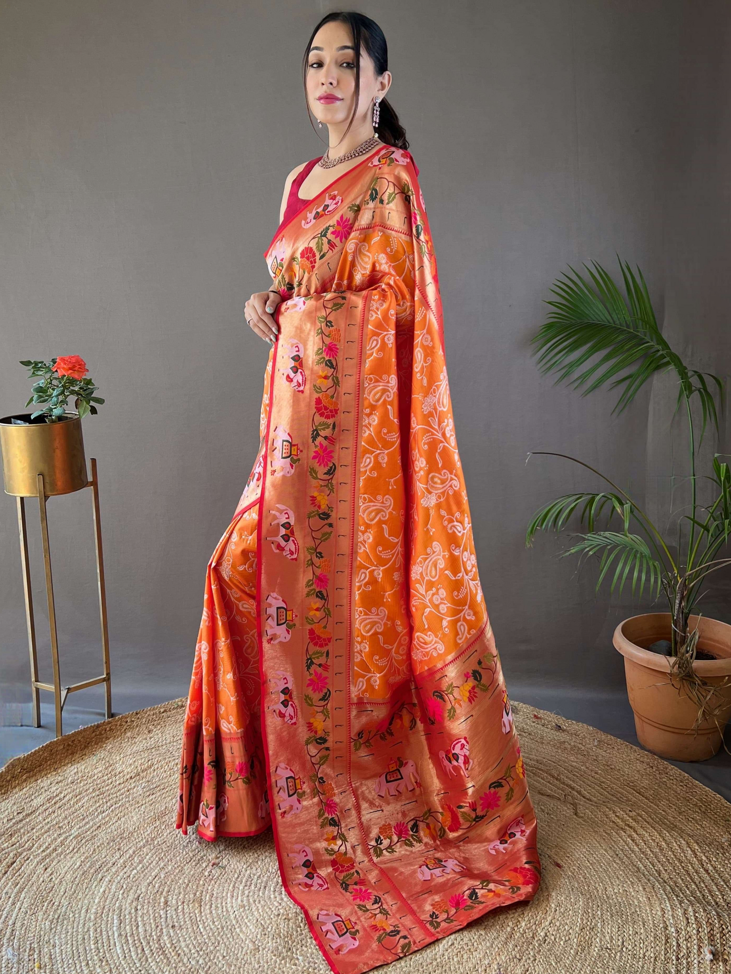 Fire Orange Woven Patola Paithani Silk Saree