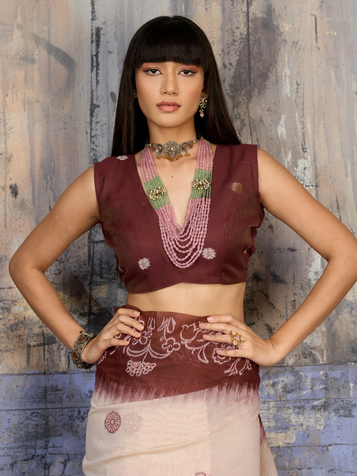Brick Brown Printed Cotton Silk Saree