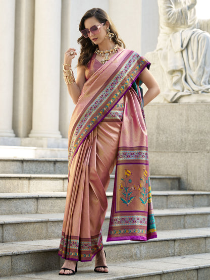 Golden Pink Banarasi Tissue Silk Saree