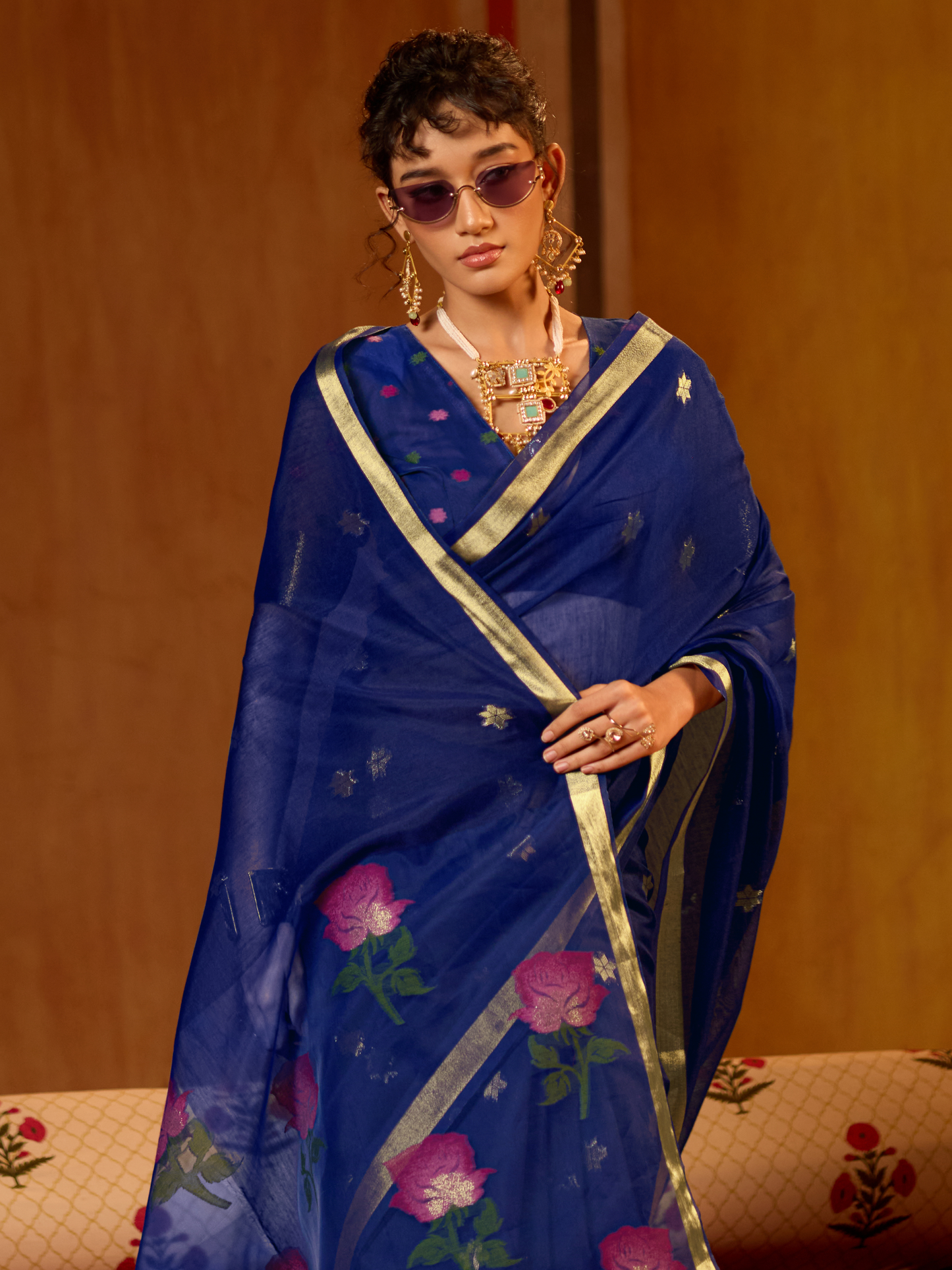Ink Blue Spun Cotton Weaving Saree