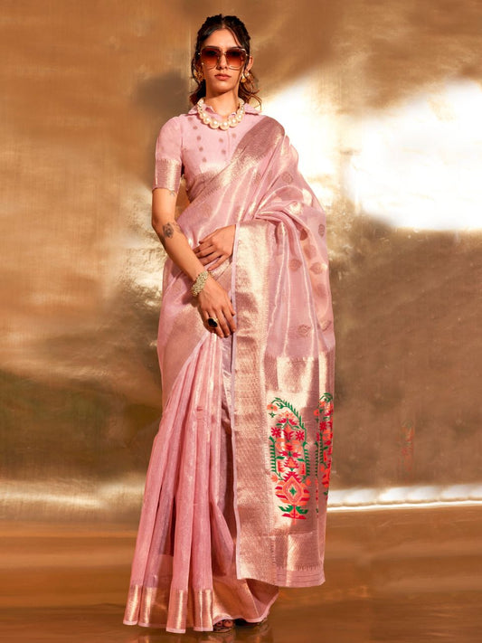 Blossom Pink Woven Paithani Tissue Silk Saree