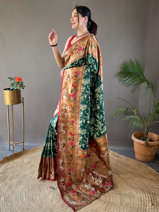 Bottle Green Woven Patola Paithani Silk Saree
