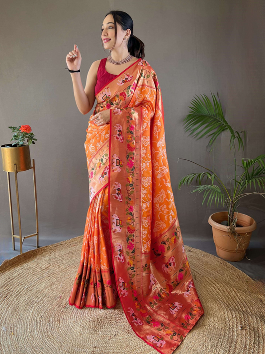 Fire Orange Woven Patola Paithani Silk Saree