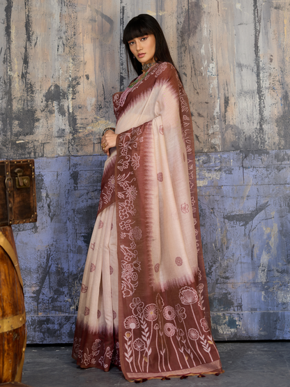 Brick Brown Printed Cotton Silk Saree