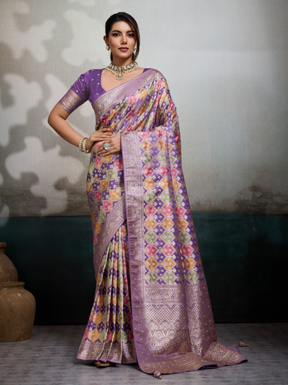 Luxury Purple Jacquard Weaving Satin Silk Saree