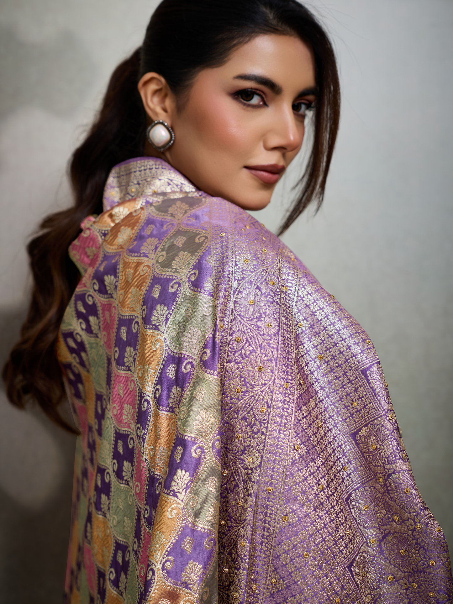 Luxury Purple Jacquard Weaving Satin Silk Saree