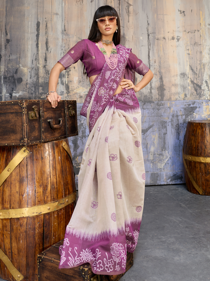 Plum Purple Printed Cotton Silk Saree