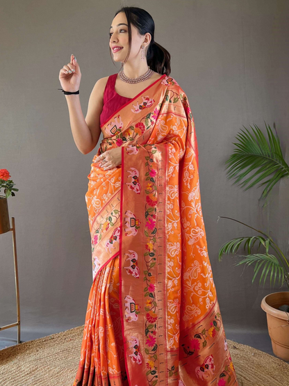 Fire Orange Woven Patola Paithani Silk Saree
